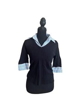 Spencer Jeremy Layered Look Top Womens M Office Black V Neck Collared 3/4 Sleeve